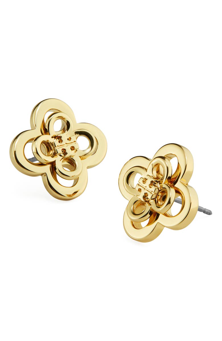 Tory Burch Forget Me Not Clover Stacked Stud Earrings, Alternate, color, Tory Gold