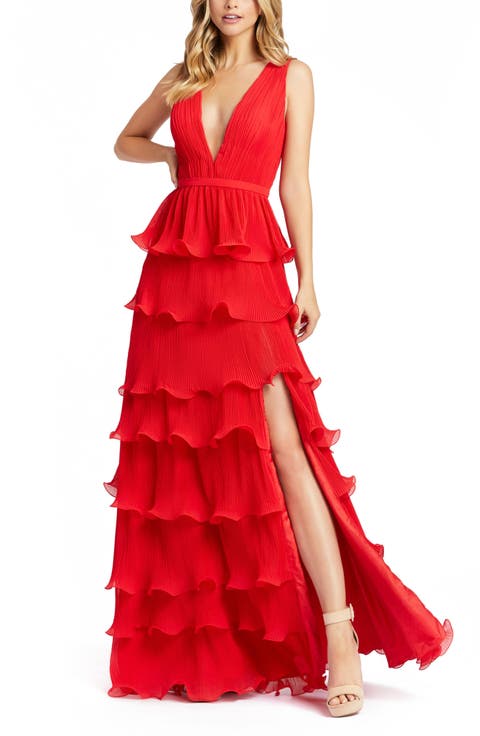 Sleeveless Ruffle Tiered V Neck Gown