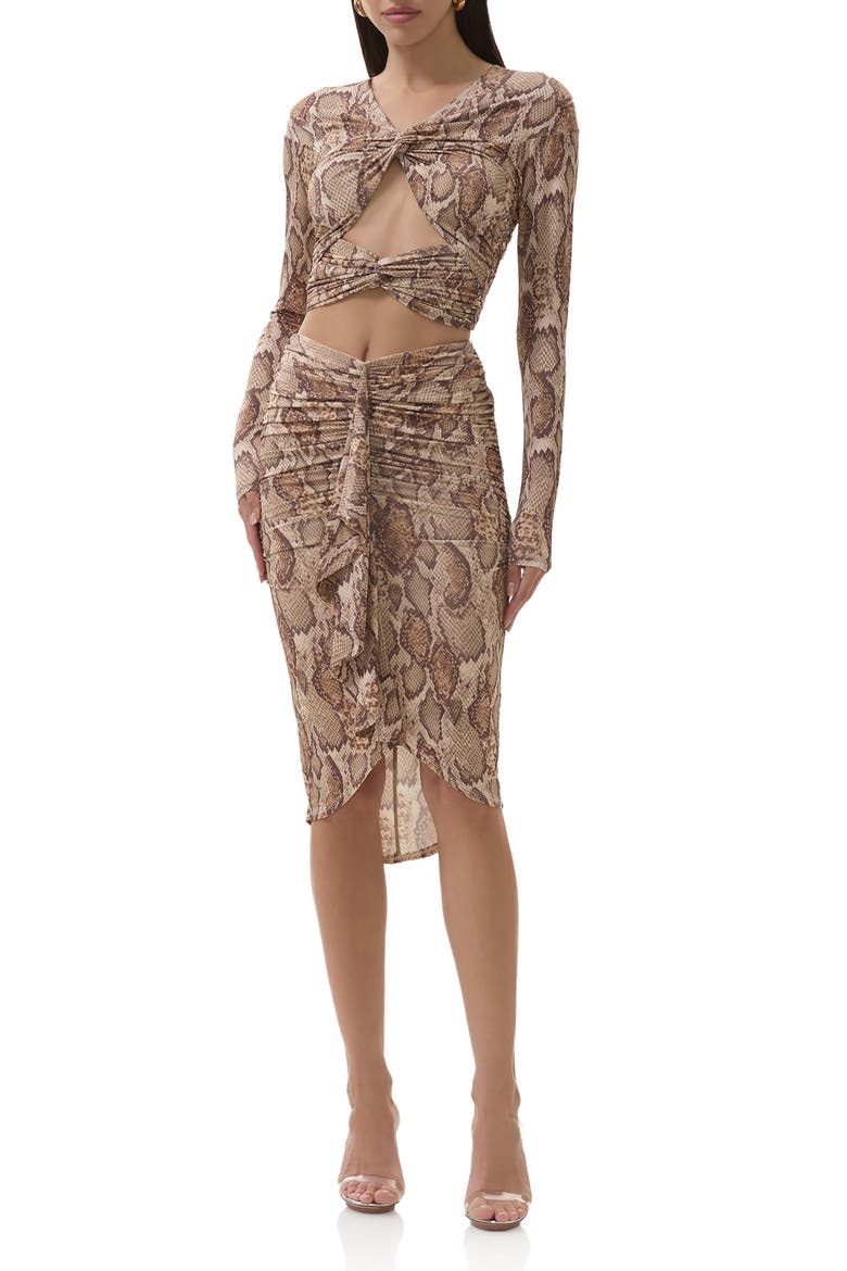 Isadora Ruched Ruffle Mesh Skirt, Alternate, color, SAND SNAKE