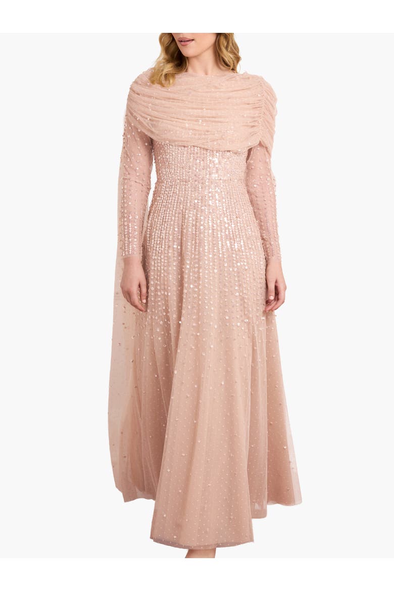 Moonlight Sequin Draped Long Sleeve Gown, Main, color, Biscuit