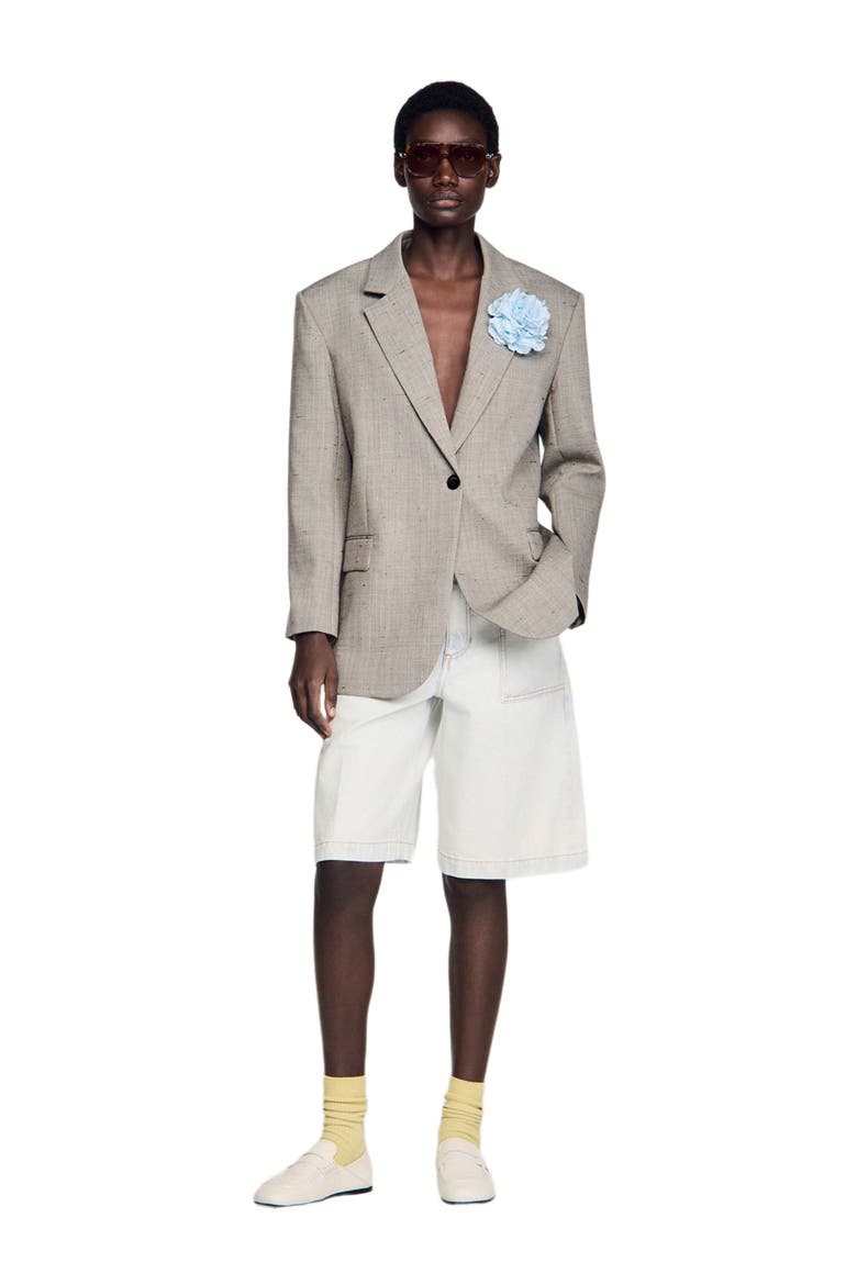 Check wool jacket with brooch, Alternate, color, Greige