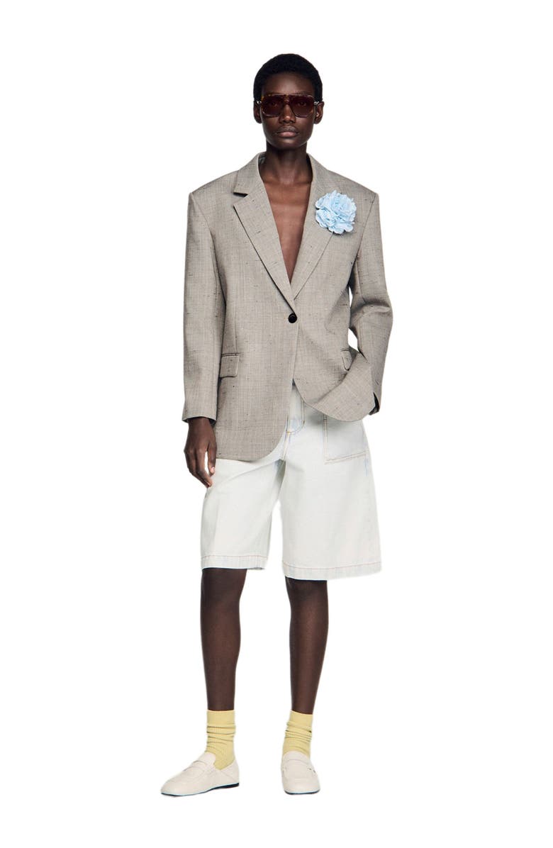 SANDRO Check wool jacket with brooch, Alternate, color, Greige