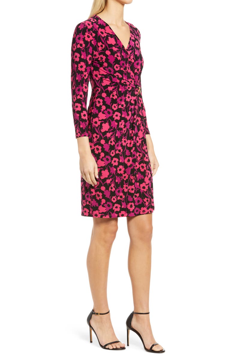Anne Klein Floral Long Sleeve Wrap Front Knit Dress, Alternate, color, 