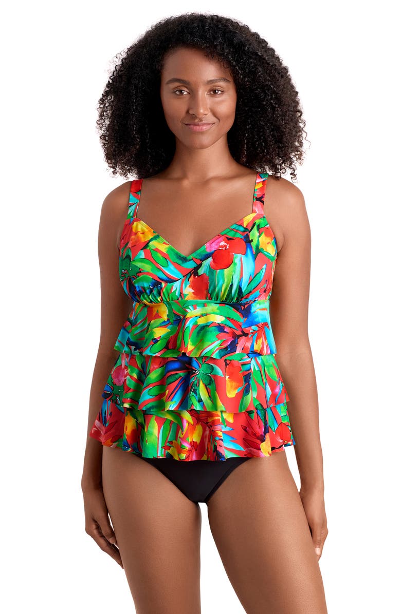 ShapeSolver Triple Tier V-Neck Tankini Swimsuit Top, Main, color, Cherry Grove