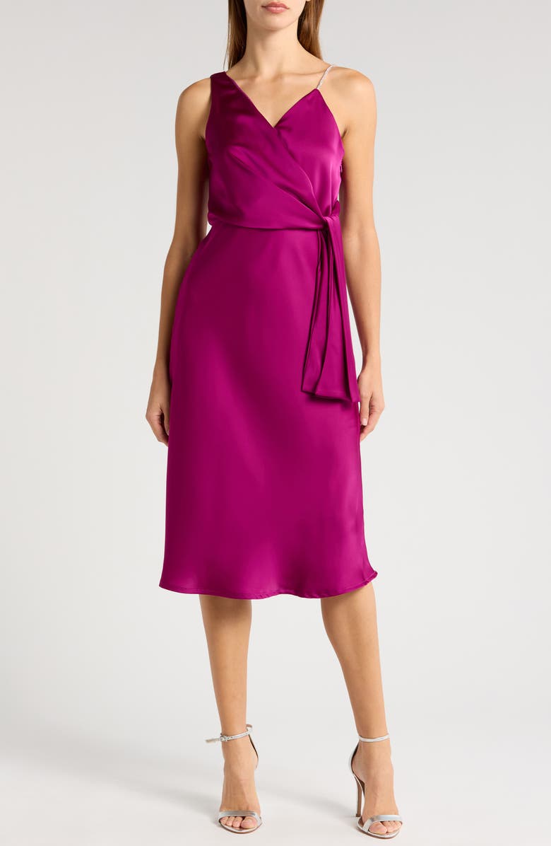 Sam Edelman Rhinestone Strap Satin Faux Wrap Cocktail Dress, Main, color, Berry