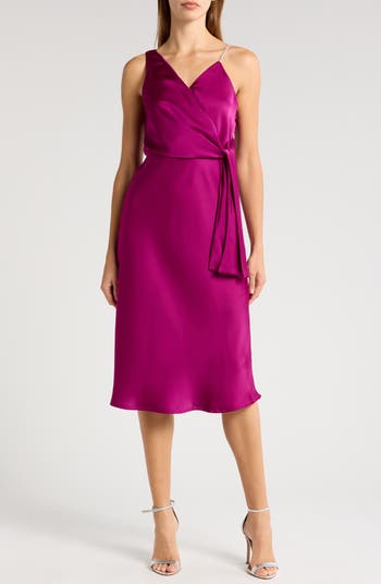 Sam Edelman Rhinestone Strap Satin Faux Wrap Cocktail Dress
