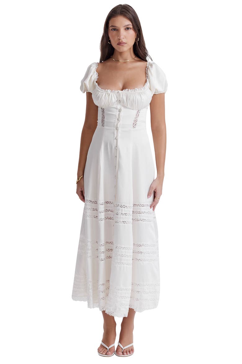 Eviana Lace Trim Puff Sleeve Silk Blend Maxi Dress, Alternate, color, WHITE