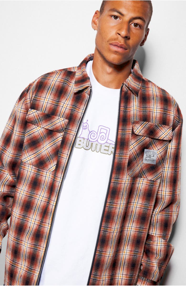 Butter Goods Woods Plaid Zip-Up Shirt Jacket, Alternate, color, Sunset