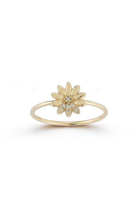 14K Yellow Gold Pavé Diamond Flower Ring