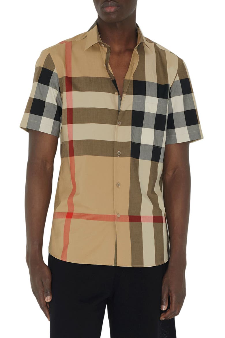 トップス Burberry shirt short sleeve Summerton Archive Short Sleeve Check Cotton Poplin Button-Up Shirt