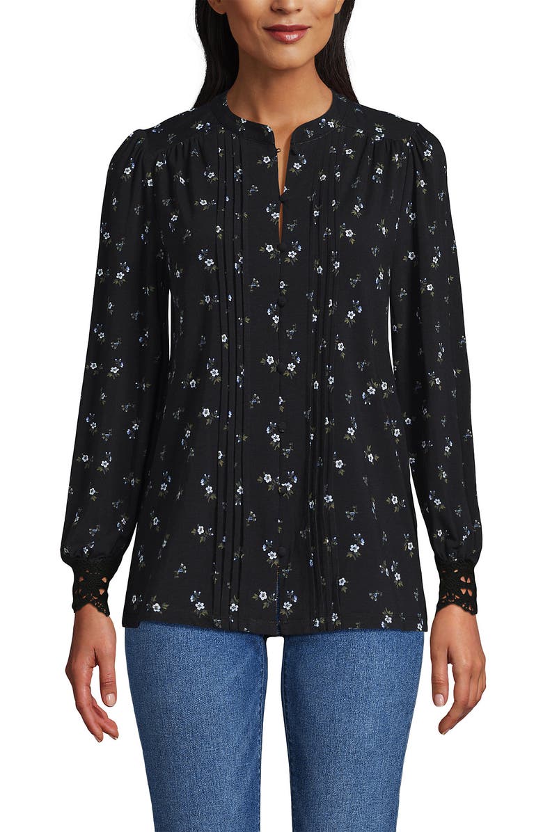 Lands' End Lightweight Jersey Long Sleeve Button Front Pintuck Top, Alternate, color, Black/Cobalt Tiny Floral