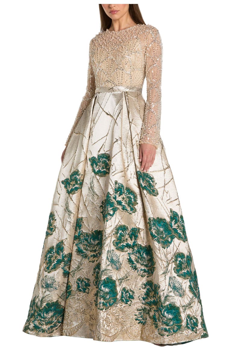 Mac Duggal Long Sleeve Embellished Floral Brocade Gown, Main, color, Champagne Teal