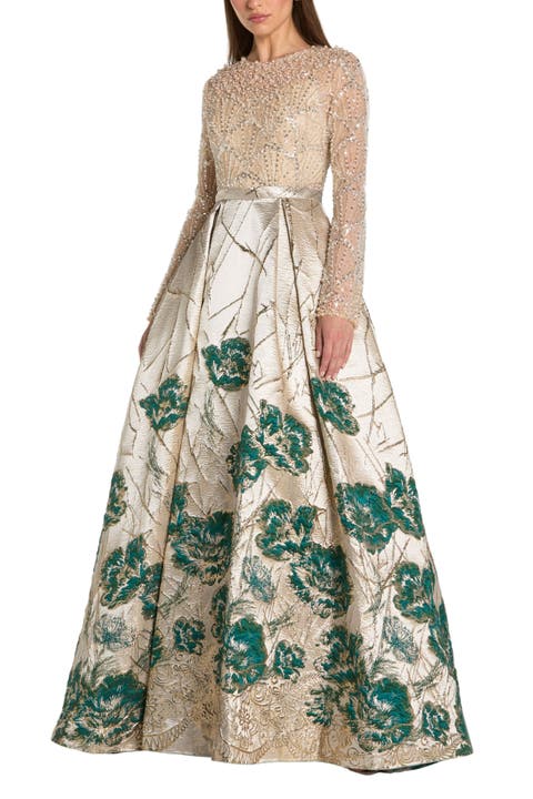 Long Sleeve Embellished Floral Brocade Gown