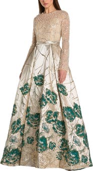 Mac Duggal Long Sleeve Embellished Floral Brocade Gown
