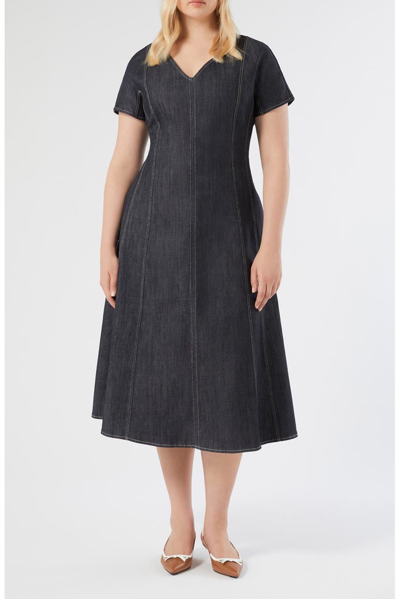 Denim Fit & Flare Midi Dress, Main, color, NAVY