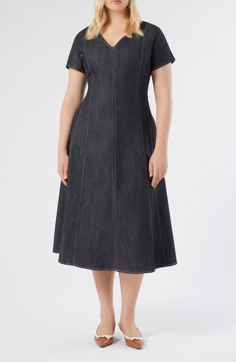 Marina Rinaldi Denim Fit & Flare Midi Dress, Main, color, Navy
