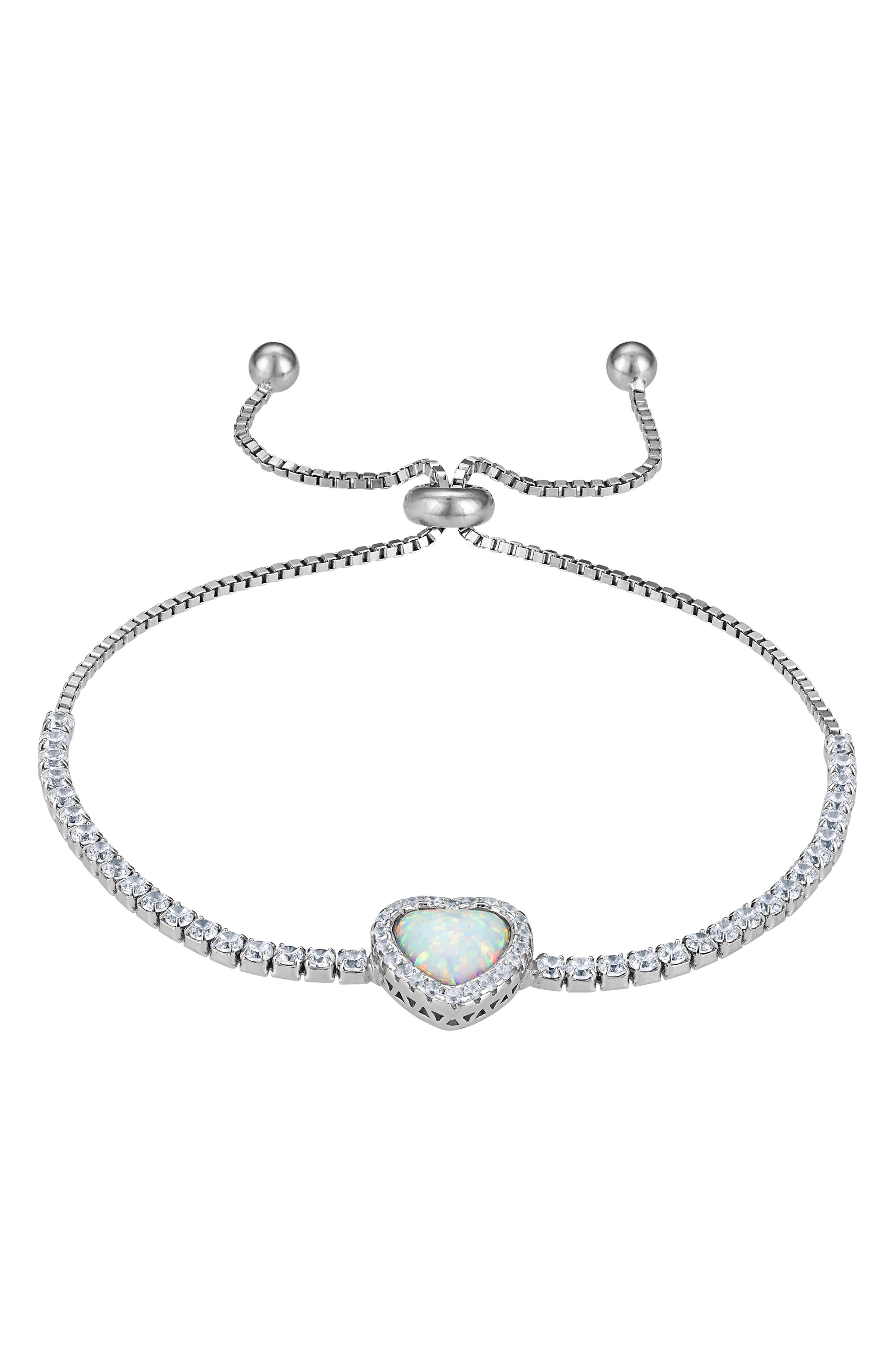 FZN Sterling Silver Created Opal Heart Charm Bracelet