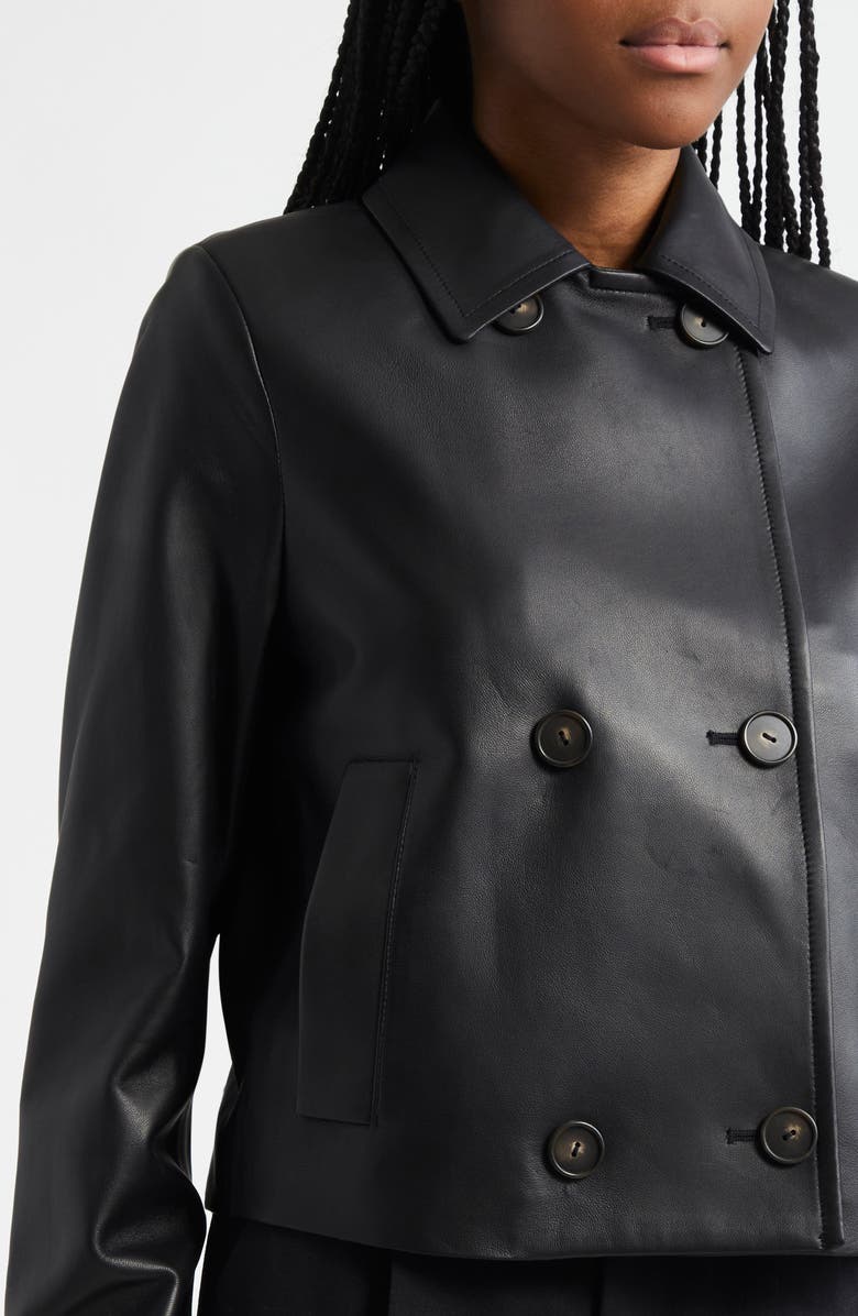 Vince Shrunken Double Breasted Leather Peacoat, Alternate, color, Black