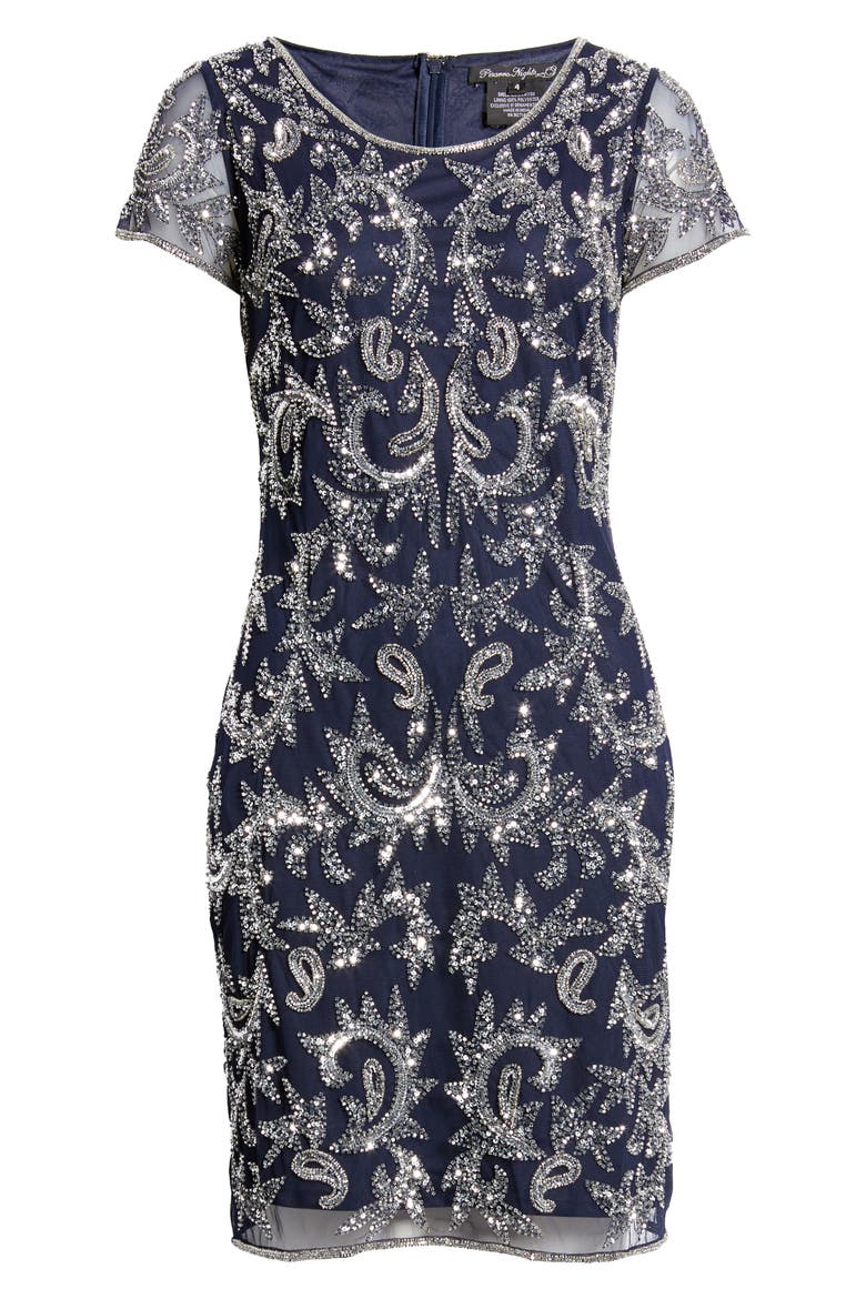 Beaded Mesh Cocktail Dress, Alternate, color, NAVY