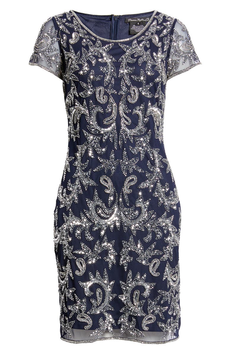 Pisarro Nights Beaded Mesh Cocktail Dress, Alternate, color, Navy