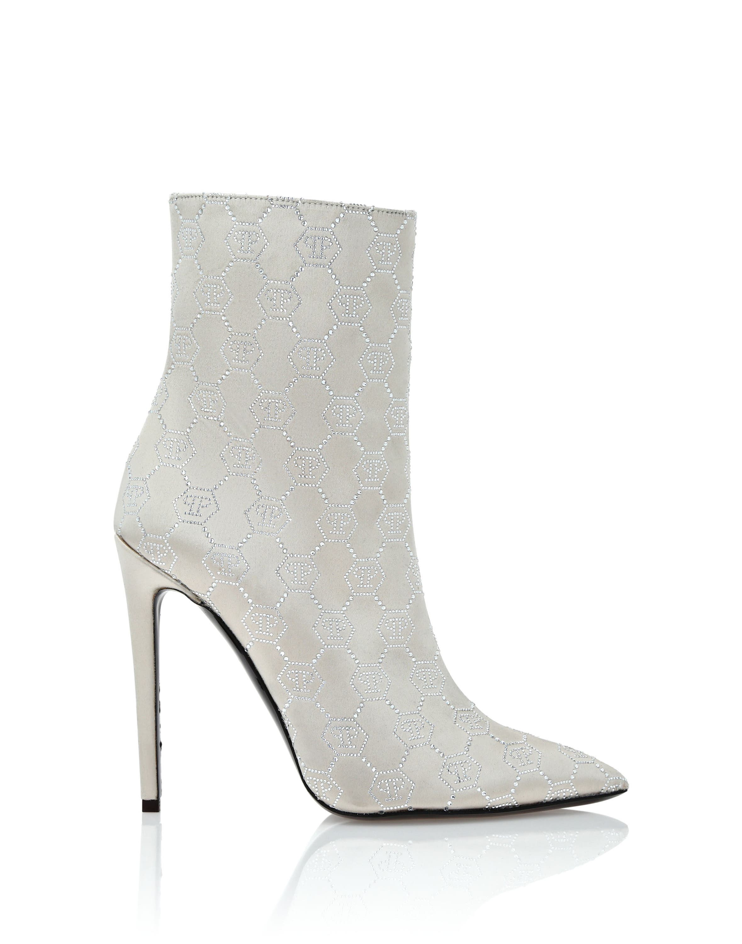 Satin Boots High Heels Mid Monogram Strass Women, Alternate, color, beige