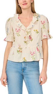 CeCe Ruffle Trim Peplum Cotton Top