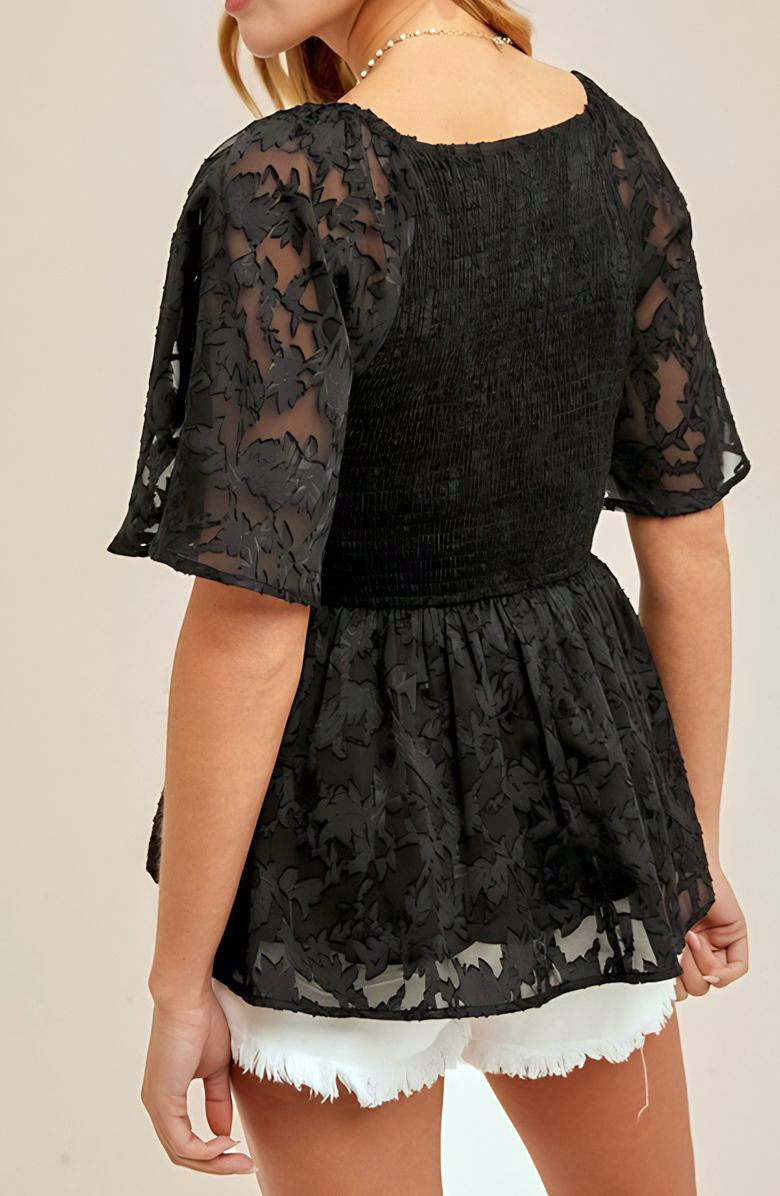 Knit and Lounge Textured Chiffon Peplum Top, Alternate, color, Black