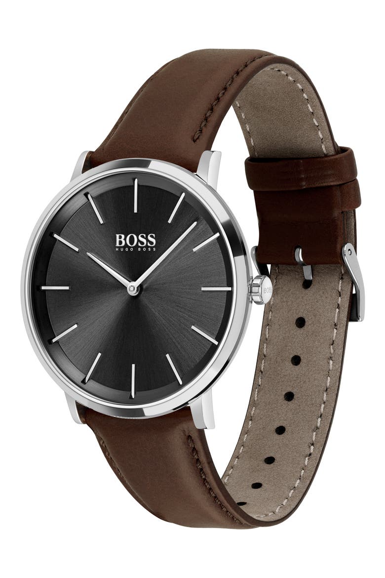 Skyliner Leather Strap Watch, 40mm, Alternate, color, BROWN