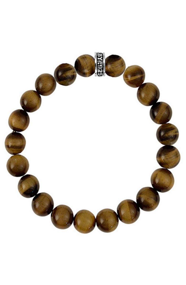 King Baby Studio 10mm Brown Tiger Eye Beaded Bracelet with Logo Ring, Main, color, Brown