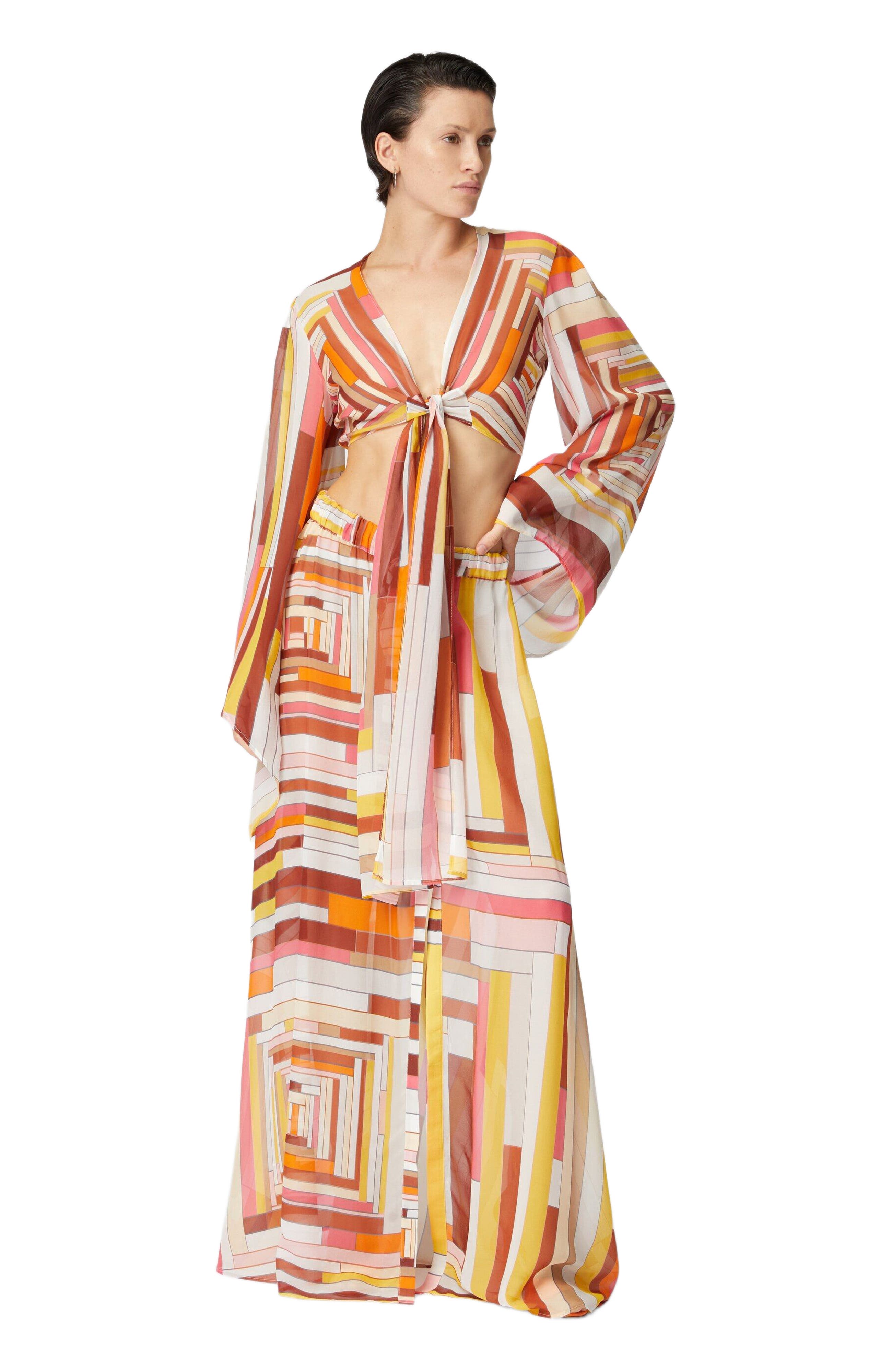 Long Covered Up Skirt In Printed Silk With Front Closure