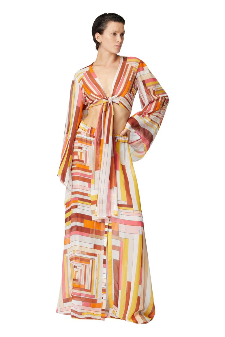Long Covered Up Skirt In Printed Silk With Front Closure, Main, color, Multicoloured