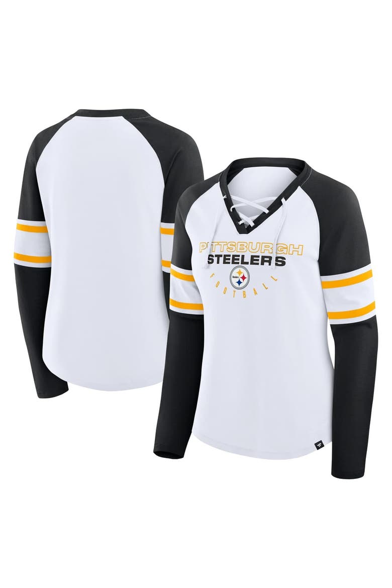 Women's Fanatics White/Black Pittsburgh Steelers Redzone Blitz Package Raglan Lace-Up V-Neck Long Sleeve T-Shirt, Main, color, White