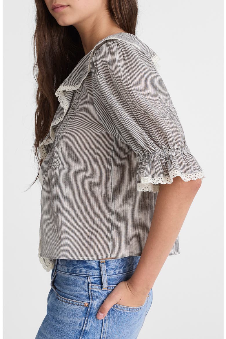 Ruffled Puff Sleeve Cotton Button-Up Shirt, Alternate, color, BLACK AND IVORY MICRO STRIPE