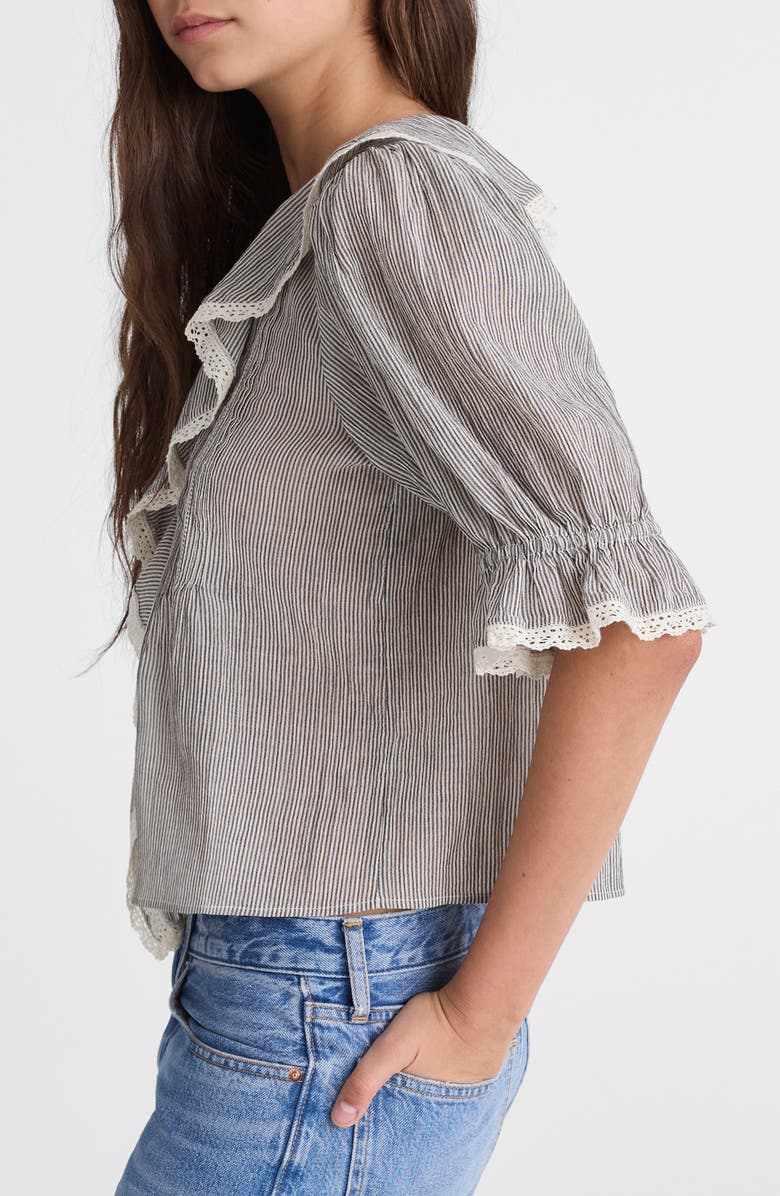 Madewell Ruffled Puff Sleeve Cotton Button-Up Shirt, Alternate, color, Black And Ivory Micro Stripe