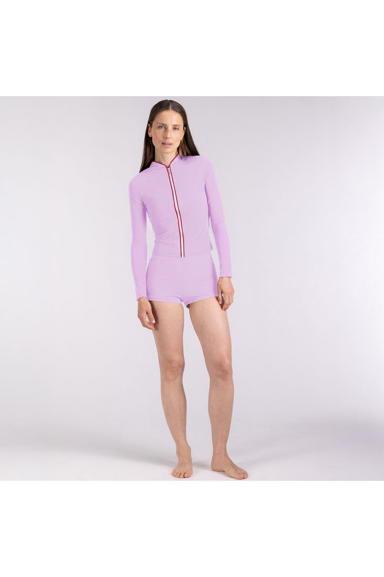 Rash Guard With Zip - Women's, Alternate, color, Purple/Red Binding