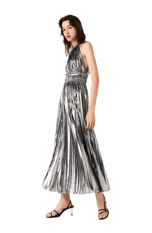 Maje Pleated Maxi Dress In Silver