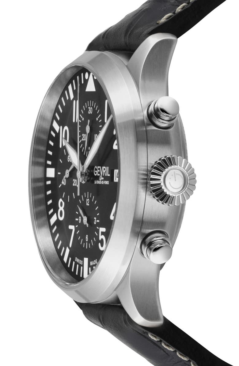 GEVRIL Vaughn Automatic Chronograph Leather Strap Watch, 44mm, Alternate, color, 