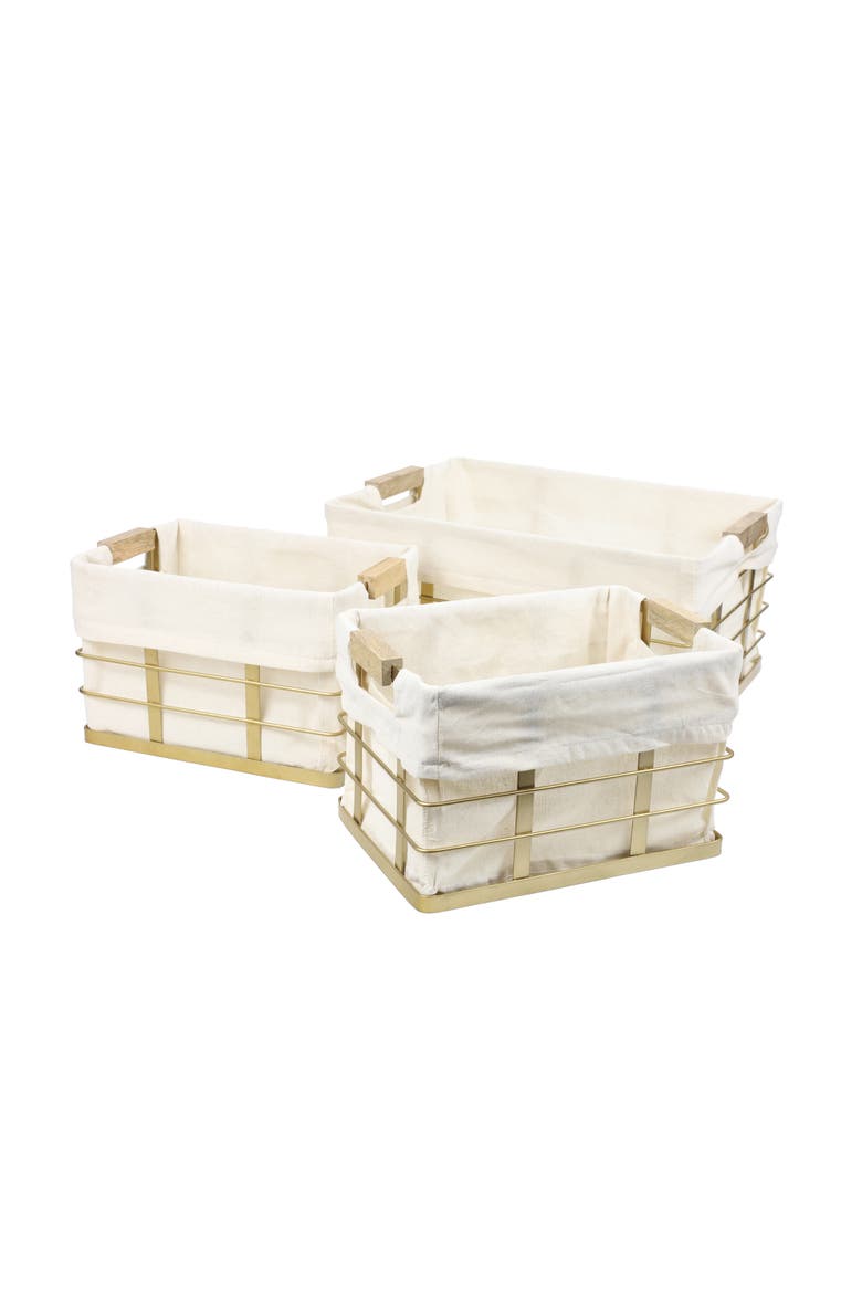Callan Vintage Industrial Handmade Wire Metal Nesting Storage Baskets with Wood Handles and Fabric Liner, Main, color, Gold