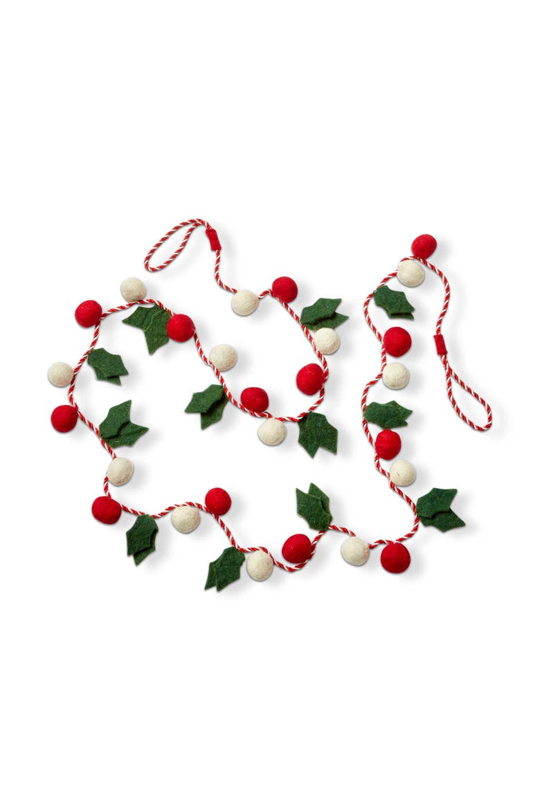 Green Holly Leaves Red White Berries Wool Felt Garland, Main, color, Green