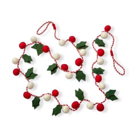 Green Holly Leaves Red White Berries Wool Felt Garland