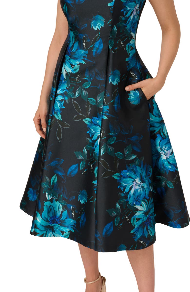 Adrianna Papell Roll Neck Taffeta Fit & Flare Dress, Alternate, color, Navy Multi