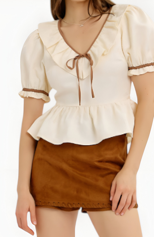 Modenaire Ruffle Trim Peplum Blouse With Puff Sleeves And Tie Front In White