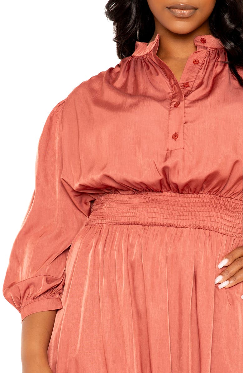 BUXOM COUTURE Smocked Long Sleeve Satin Shirtdress, Alternate, color, Marsala