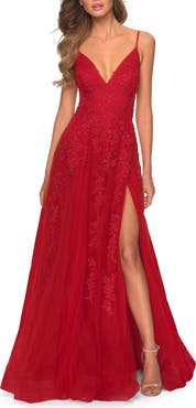 La Femme Tulle Prom Dress with Floral Detail and Side Slit