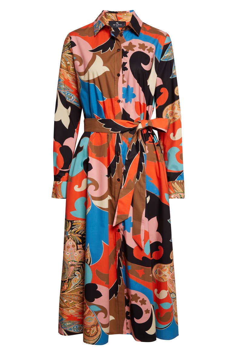 Paisley Lotus Print Long Sleeve Midi Shirtdress, Alternate, color, RED
