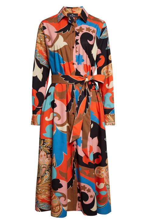 Paisley Lotus Print Long Sleeve Midi Shirtdress