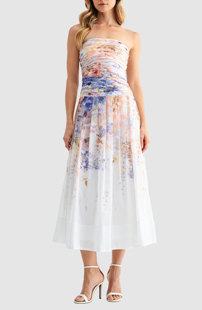 Mila Mae Strapless Fit & Flare Maxi Dress, Main, color, White Blue Floral
