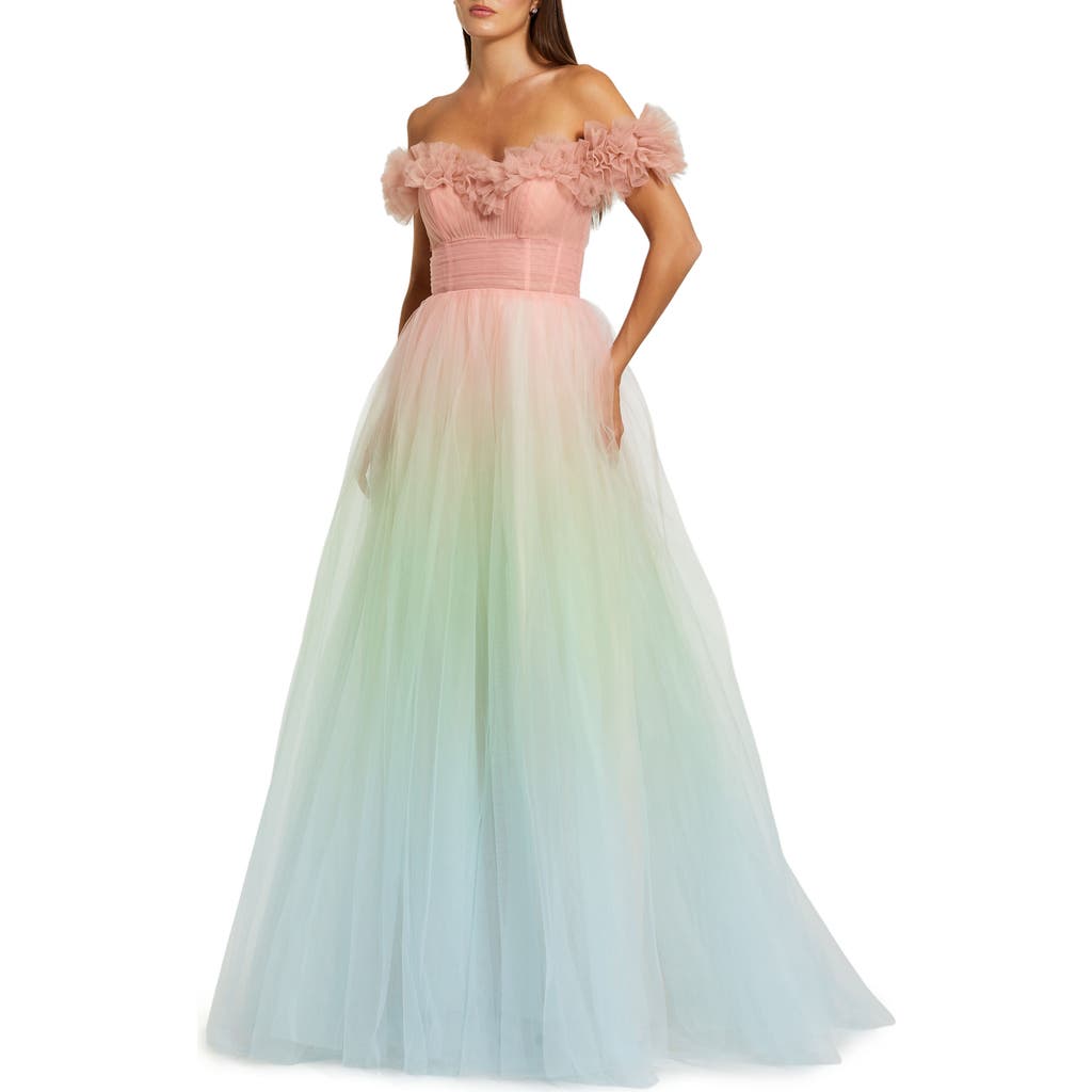 Mac Duggal Off The Shoulder Ombre Tulle Ballgown In Pink Sorbet