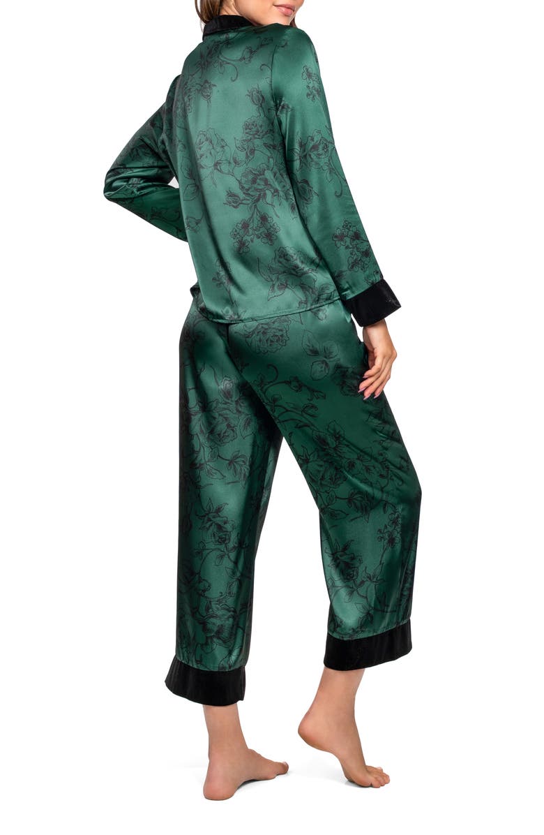 In Bloom by Jonquil Velvet Trim Floral Print Satin Pajamas, Alternate, color, Pine