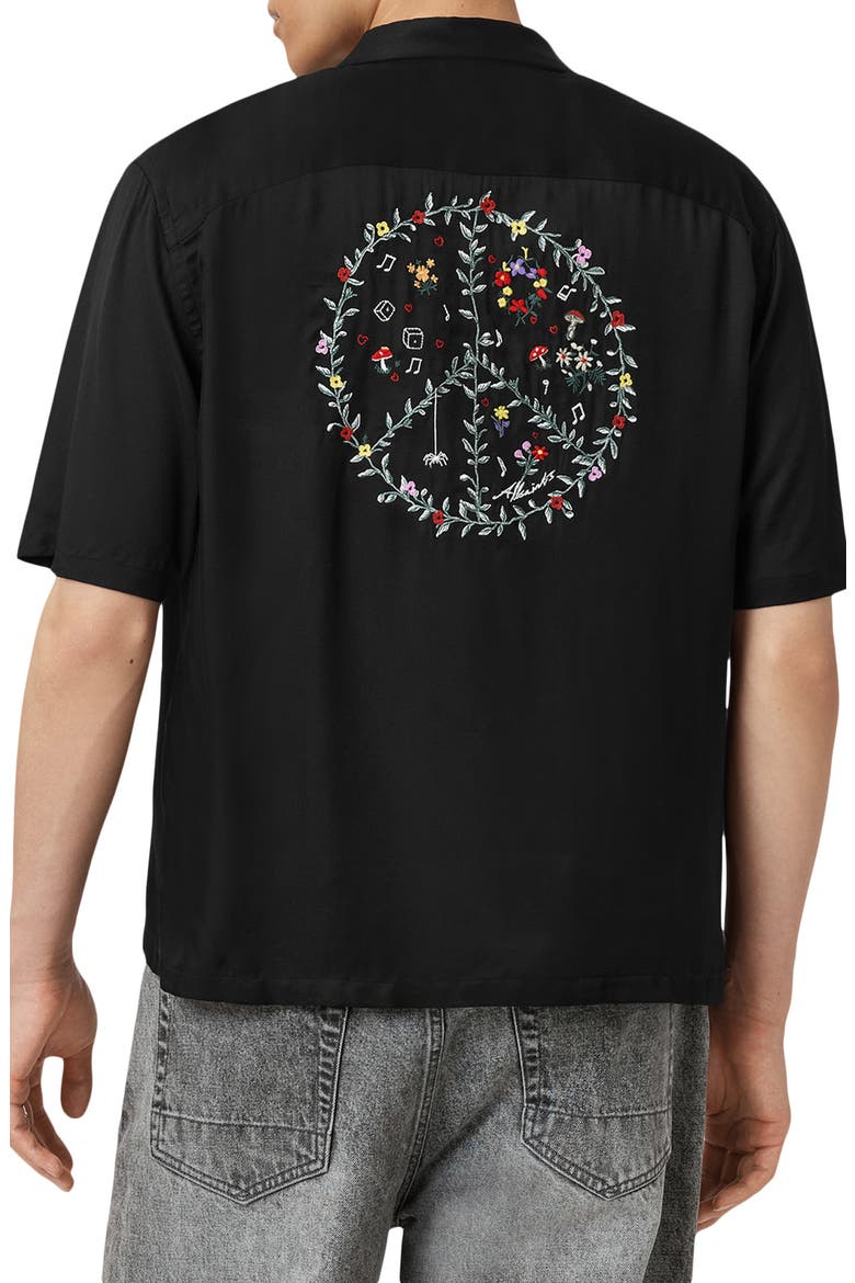 Fungi Embroidered Camp Shirt, Alternate, color, JET BLACK